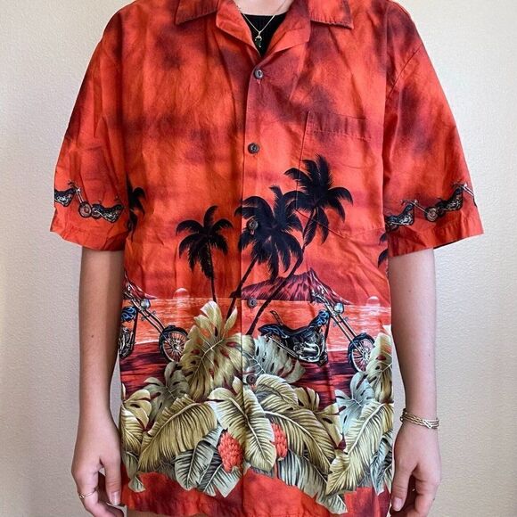Vintage Mens Pacific Legend Hawaiian Motorcycle Cotton Button Down Short Sleeve - Picture 9 of 10